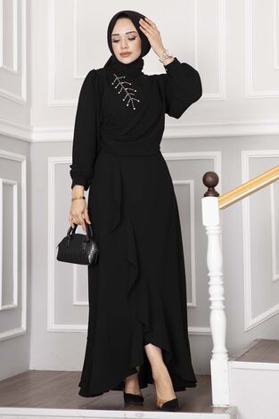Kayla Fırfırlı Tesettür Elbise Siyah - Thumbnail