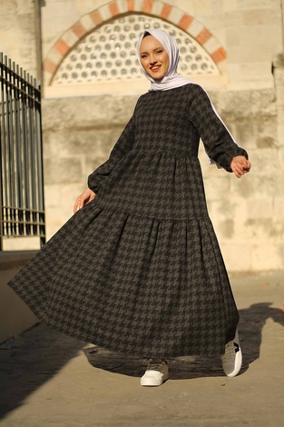 Kazayağı Desenli Elbise 10092-1 Siyah - Thumbnail