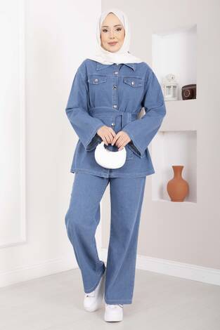 Kemer Detaylı Ceket Pantolon Kot Takım Açık Mavi