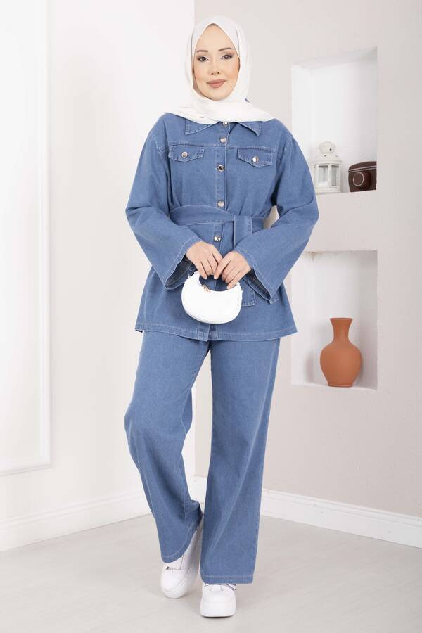 MD - Kemer Detaylı Ceket Pantolon Kot Takım Açık Mavi