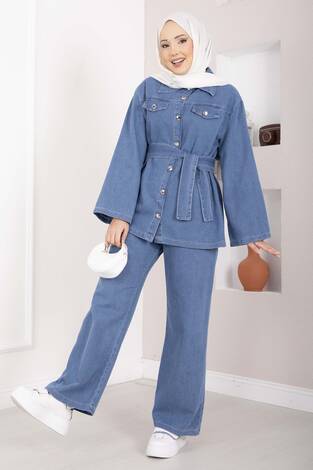 Kemer Detaylı Ceket Pantolon Kot Takım Açık Mavi - Thumbnail