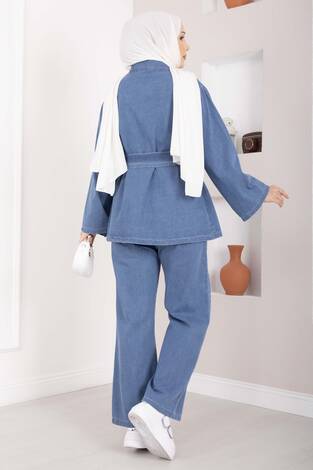 Kemer Detaylı Ceket Pantolon Kot Takım Açık Mavi - Thumbnail