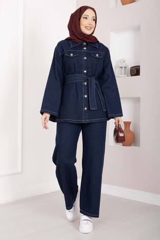 Kemer Detaylı Ceket Pantolon Kot Takım Koyu Mavi - Thumbnail