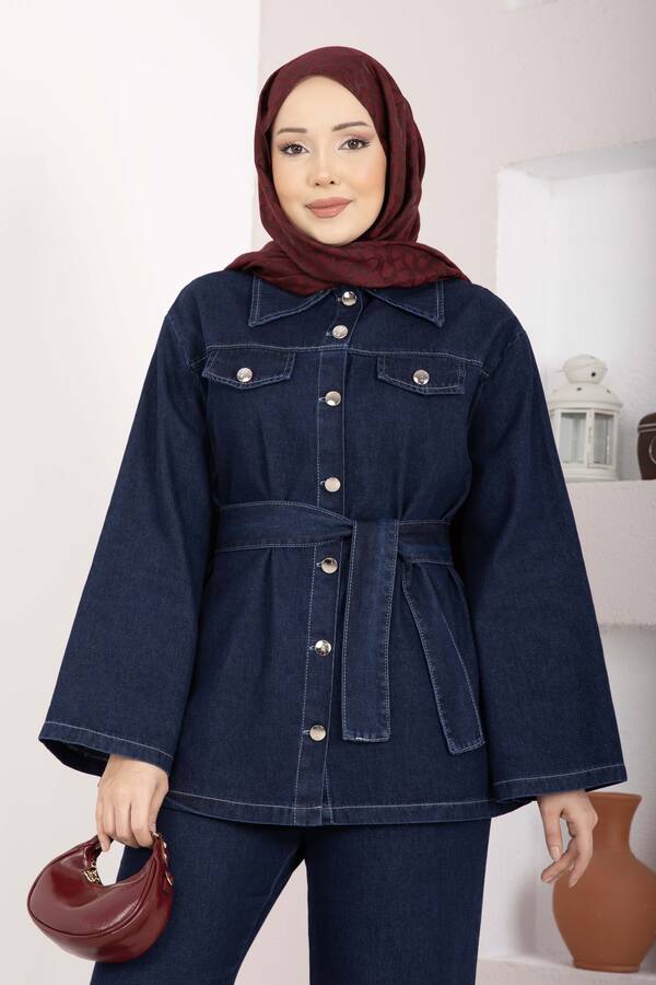 MD - Kemer Detaylı Ceket Pantolon Kot Takım Koyu Mavi (1)
