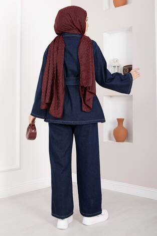 Kemer Detaylı Ceket Pantolon Kot Takım Koyu Mavi - Thumbnail