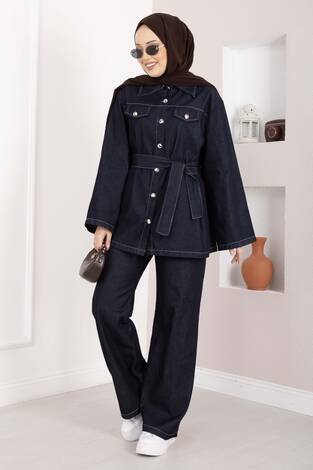 Kemer Detaylı Ceket Pantolon Kot Takım Lacivert - Thumbnail
