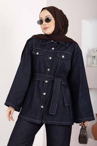 Kemer Detaylı Ceket Pantolon Kot Takım Lacivert - Thumbnail