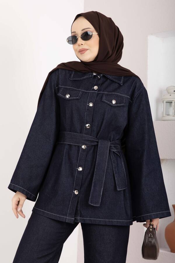 MD - Kemer Detaylı Ceket Pantolon Kot Takım Lacivert (1)
