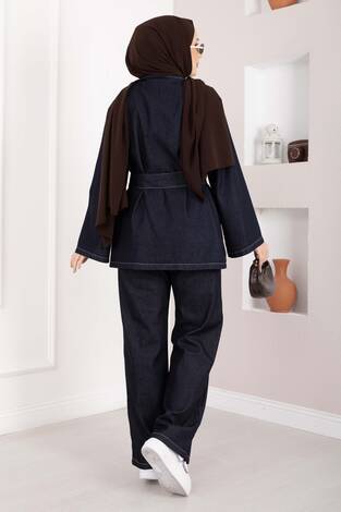 Kemer Detaylı Ceket Pantolon Kot Takım Lacivert - Thumbnail