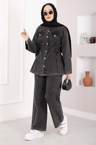 Kemer Detaylı Ceket Pantolon Kot Takım Siyah - Thumbnail