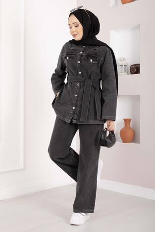 Kemer Detaylı Ceket Pantolon Kot Takım Siyah - Thumbnail