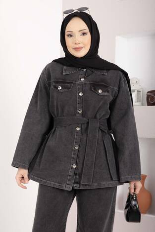 Kemer Detaylı Ceket Pantolon Kot Takım Siyah - Thumbnail