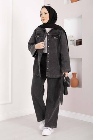 Kemer Detaylı Ceket Pantolon Kot Takım Siyah - Thumbnail