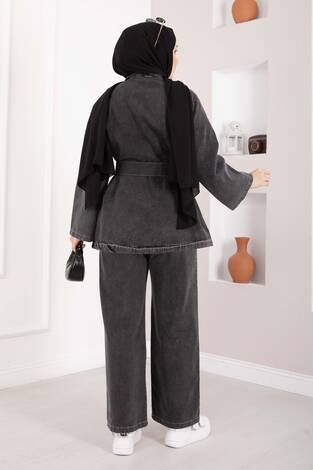 Kemer Detaylı Ceket Pantolon Kot Takım Siyah - Thumbnail