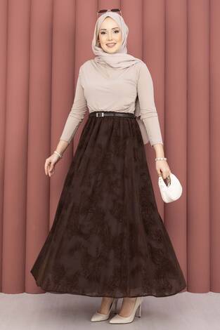 Kemer Detaylı Desenli Tül Etek Kahve - Thumbnail