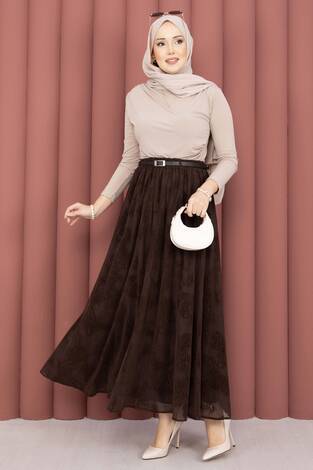 Kemer Detaylı Desenli Tül Etek Kahve - Thumbnail