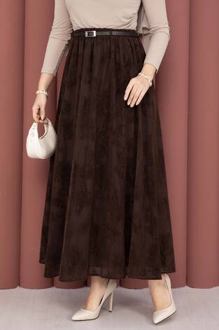 Kemer Detaylı Desenli Tül Etek Kahve - Thumbnail