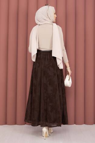 Kemer Detaylı Desenli Tül Etek Kahve - Thumbnail