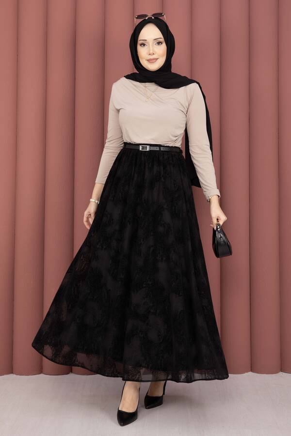 Svs - Kemer Detaylı Desenli Tül Etek Siyah