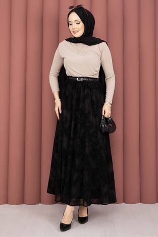 Kemer Detaylı Desenli Tül Etek Siyah - Thumbnail