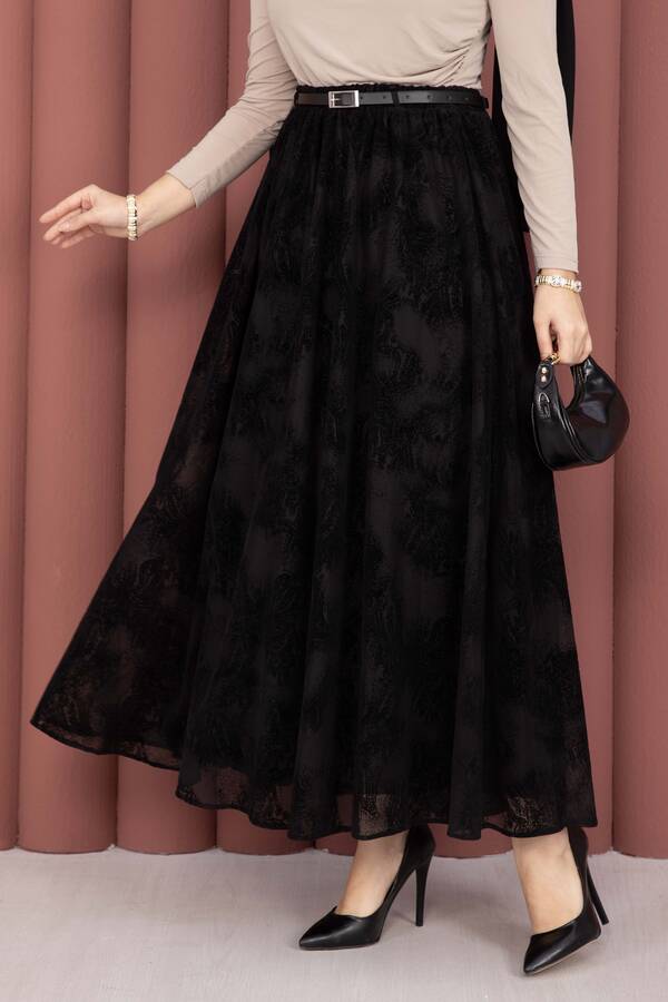 Svs - Kemer Detaylı Desenli Tül Etek Siyah (1)