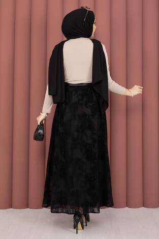 Kemer Detaylı Desenli Tül Etek Siyah - Thumbnail