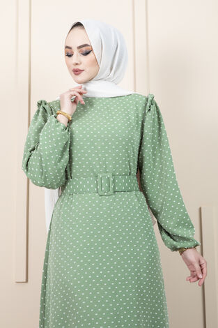 Kemer Detaylı Tesettür Elbise Mint Yeşili - Thumbnail