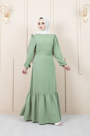 Kemer Detaylı Tesettür Elbise Mint Yeşili - Thumbnail