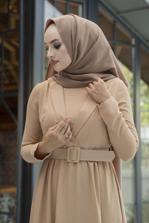 E - Kemerli Abiye Elbise Latte (1)