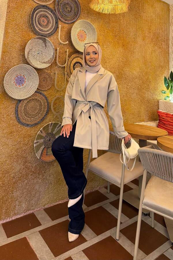 Kemerli Apolet Detaylı Premium Trençkot Taş Kemerli Apolet Detaylı Premium Trençkot Taş