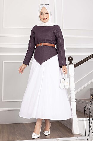 Kemerli Asimetrik Kot Bluz - Etek Takım Mürdüm - 5
