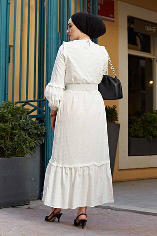 Kemerli Baskılı Tesettür Elbise 570FS-8524 Beyaz - Thumbnail