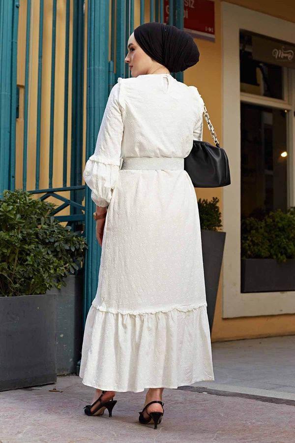 Kemerli Baskılı Tesettür Elbise 570FS-8524 Beyaz
