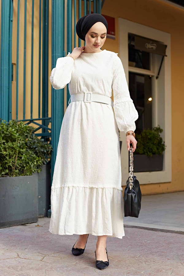 Kemerli Baskılı Tesettür Elbise 570FS-8524 Beyaz