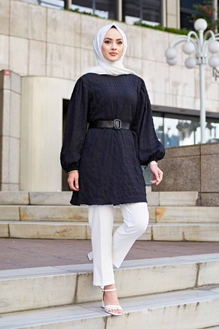 Kemerli Börümcük Tunik 350TH-4069 Siyah - Thumbnail