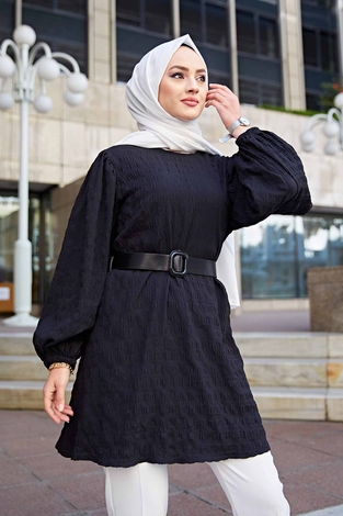 Kemerli Börümcük Tunik 350TH-4069 Siyah - Thumbnail
