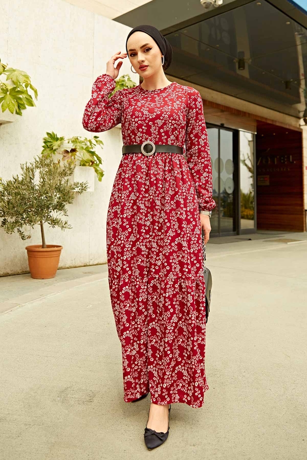 Kemerli Çiçek Desenli Tesettür Elbise 120NY-1578 Kırmızııı