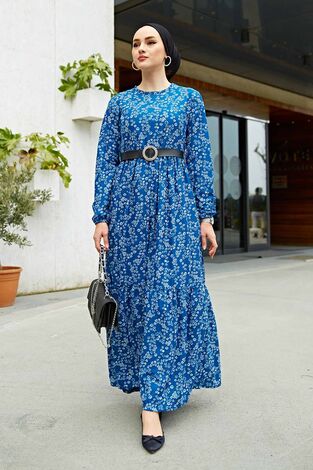 Kemerli Çiçek Desenli Elbise 120NY-1578 İndigo - Thumbnail