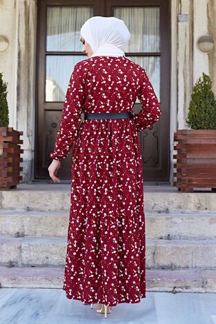 Kemerli Çıtır Desen Elbise 120NY-5327 Bordo - Thumbnail