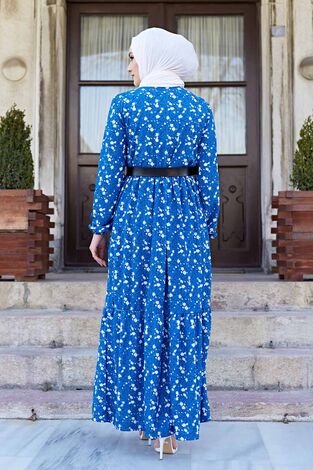 Kemerli Çıtır Desen Elbise 120NY-5327 İndigo - Thumbnail