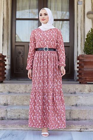 Kemerli Çıtır Desen Elbise 120NY-5327 Pudra - Thumbnail