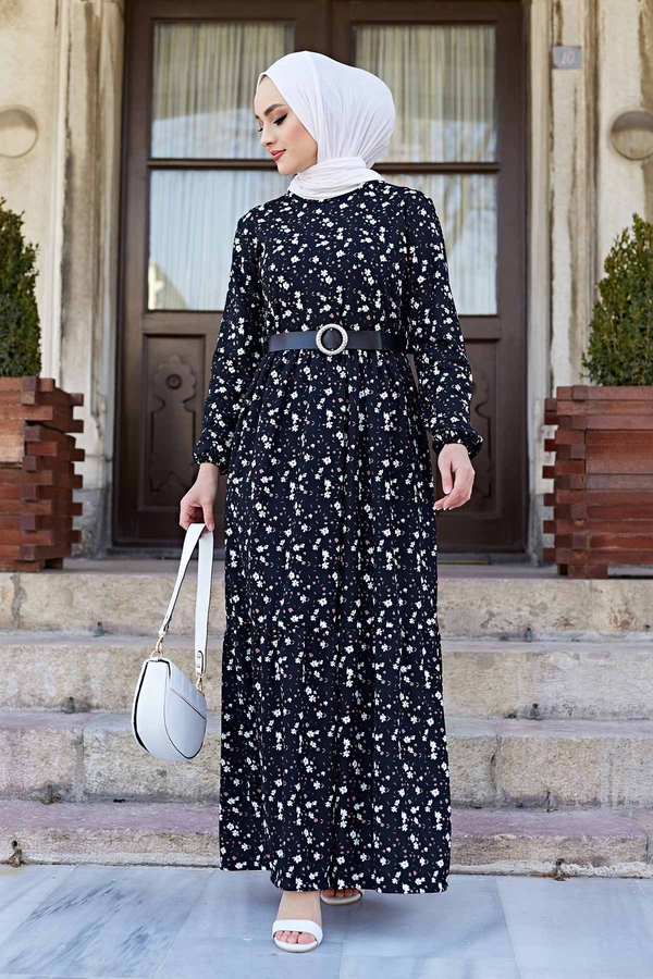 Kemerli Çıtır Desen Elbise 120NY-5327 Siyah