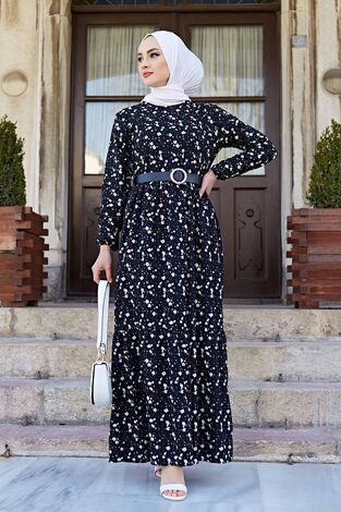 Kemerli Çıtır Desen Elbise 120NY-5327 Siyah - Thumbnail