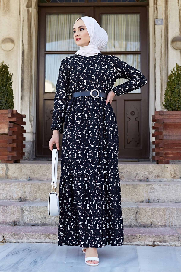 Kemerli Çıtır Desen Elbise 120NY-5327 Siyah