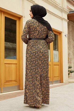 Kemerli Çıtır Desenli Elbise 120NY4572 Hardal - Thumbnail