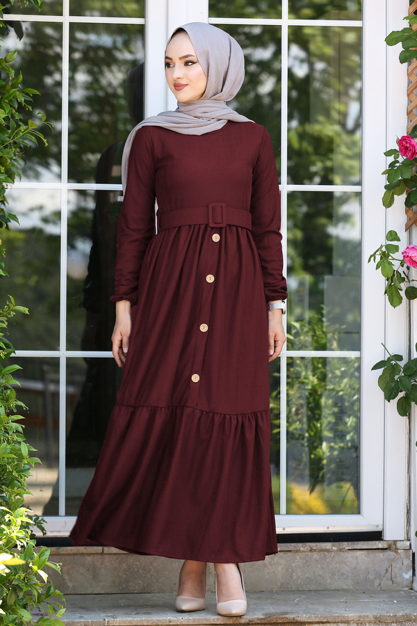 SB - Kemerli Elbise 180SB-9023 Bordo