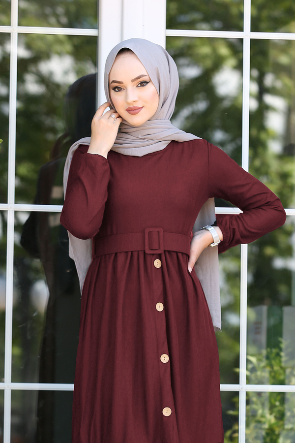 SB - Kemerli Elbise 180SB-9023 Bordo (1)
