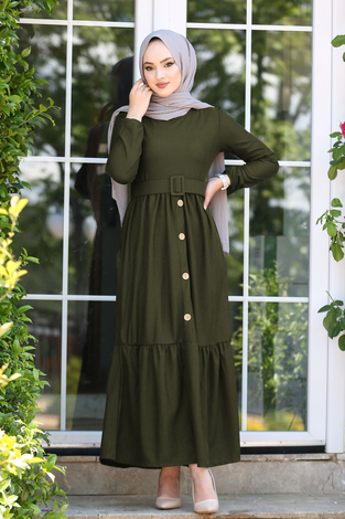 Kemerli Elbise 180SB-9023 Haki - Thumbnail