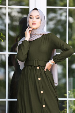 Kemerli Elbise 180SB-9023 Haki - Thumbnail