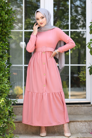 Kemerli Elbise 180SB-9023 Pudra - Thumbnail